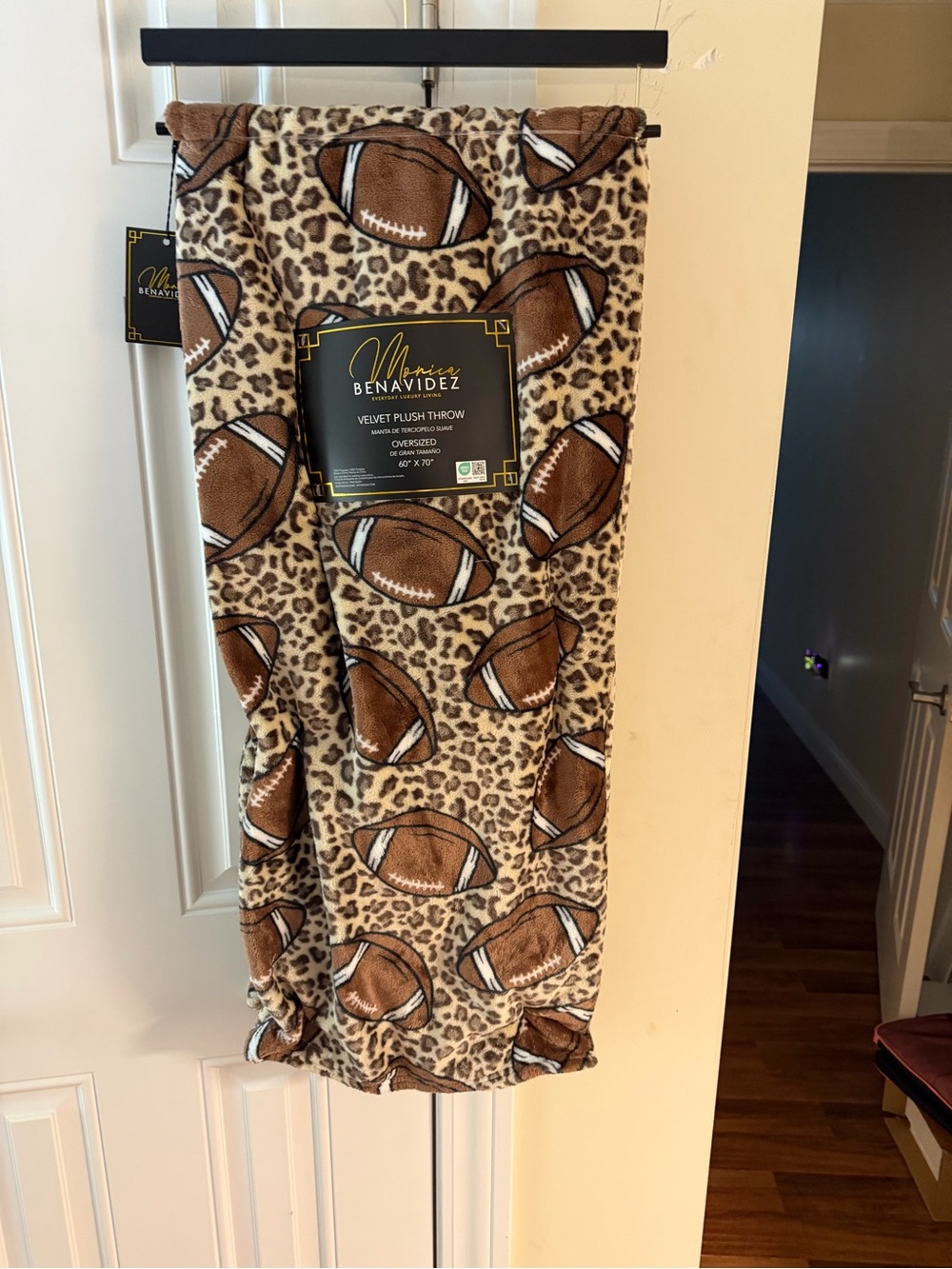 Monica Benavidez Leopard Print Velvet Plush Throw Blanket with Footballs